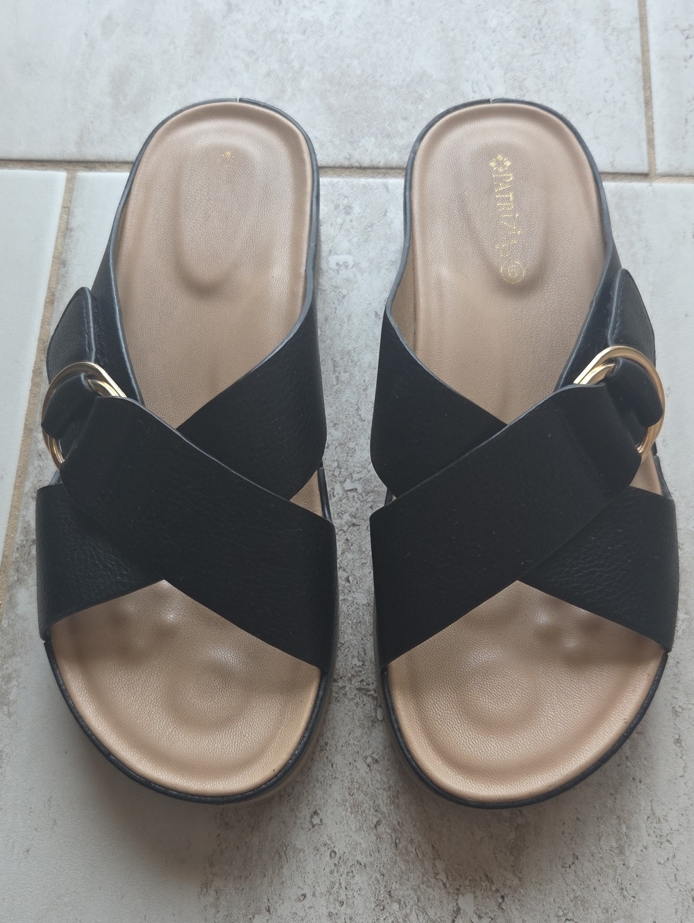 Women’s Black Cross-Strap Slide Sandals with Gold Ring Accent